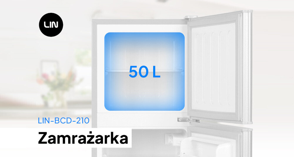 Obraz przedstawia otwartą zamrażarkę z napisem \'50 L\' na niebieskim tle wewnątrz. Widoczne jest logo \'LIN\' oraz tekst \'LIN-BCD-210 Zamrażarka\'.