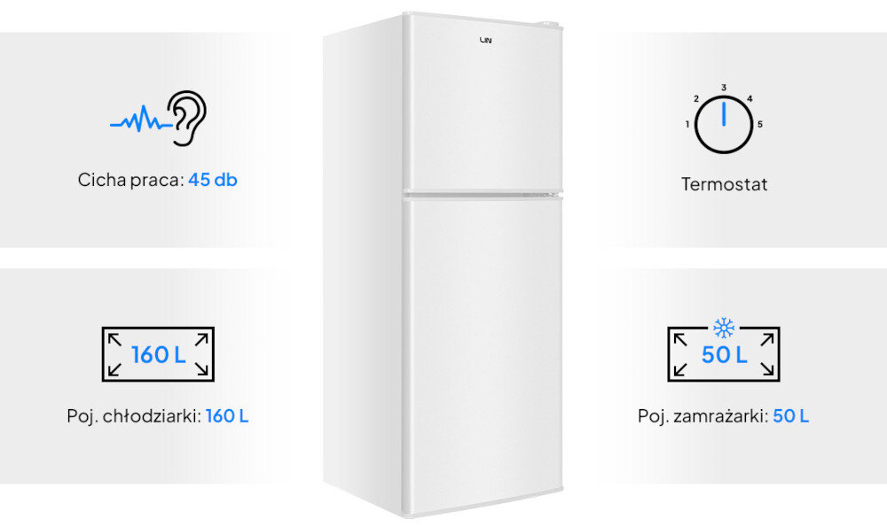 Biała lodówka LIN z dwoma drzwiami, z logo LIN na górze. Obok znajdują się informacje: \'Cicha praca: 45 db\', \'Termostat\', \'Poj. chłodziarki: 160 L\', \'Poj. zamrażarki: 50 L\'.