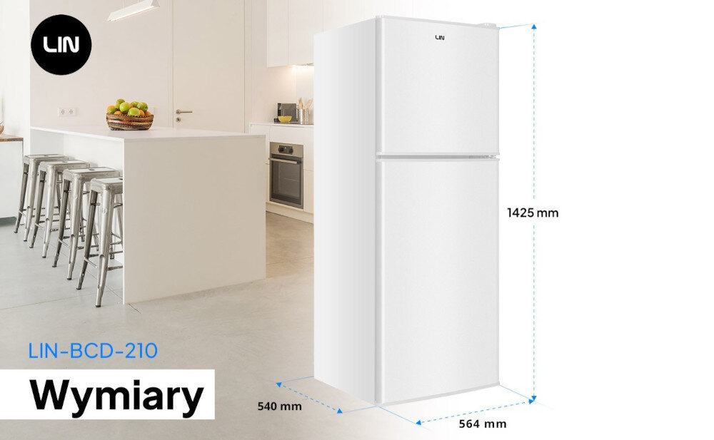 Obraz przedstawia białą lodówkę LIN LI-BCD-210 o wymiarach 1425 mm wysokości, 540 mm szerokości i 564 mm głębokości. W tle widoczna jest nowoczesna kuchnia z wyspą i krzesłami barowymi.