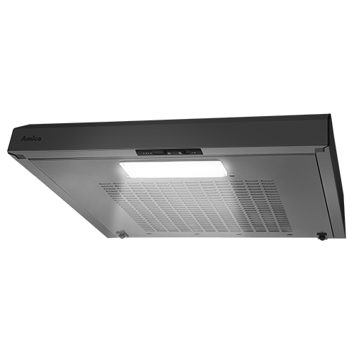 Srebrny okap kuchenny z widocznym logo \'Amica\', posiada panel sterowania i oświetlenie LED. Widoczna jest perforowana powierzchnia filtrująca.
