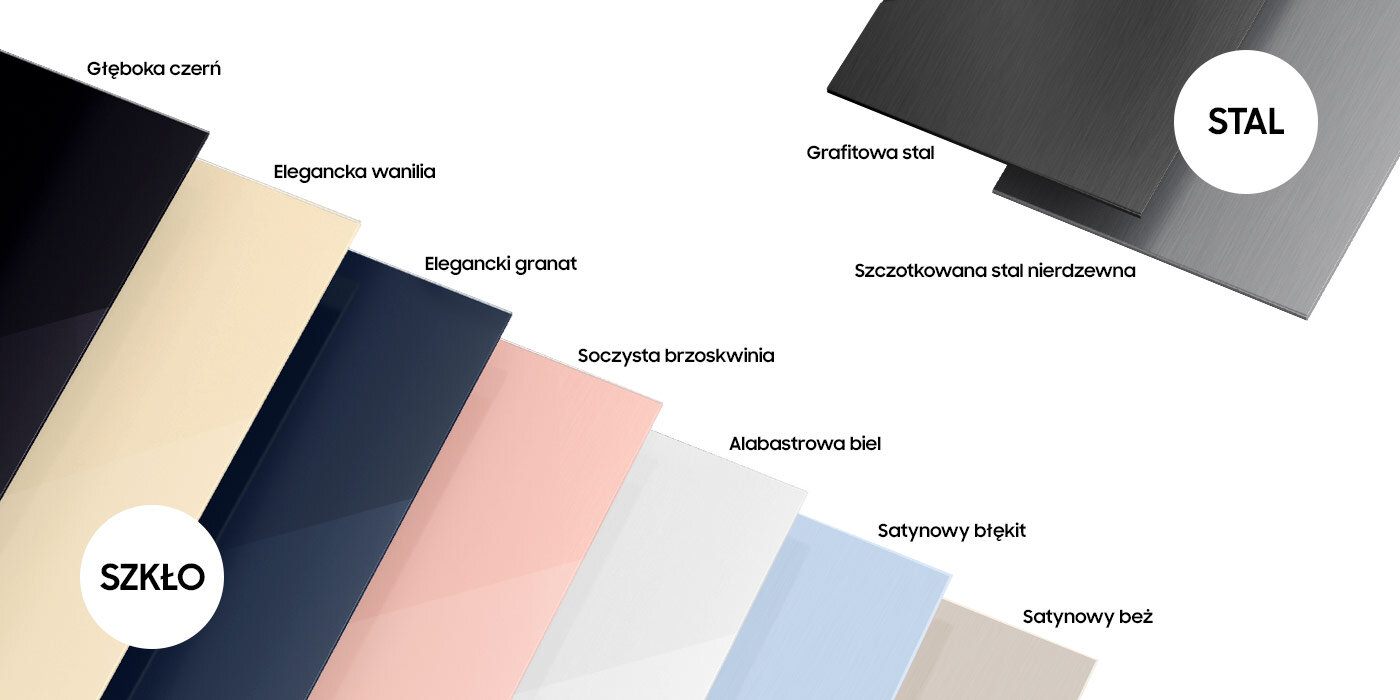 Obraz przedstawia próbki kolorów i materiałów do lodówki, w tym głęboką czerń, elegancką wanilię, elegancki granat, soczystą brzoskwinię, alabastrową biel, satynowy błękit i satynowy beż. Widoczne są również próbki grafitowej stali i szczotkowanej stali nierdzewnej z napisami \'SZKŁO\' i \'STAL\'.