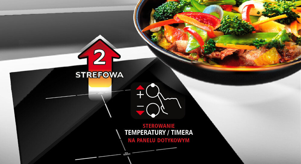 Obraz przedstawia płytę indukcyjną z napisem \'2 STREFOWA\' oraz ikoną sterowania temperaturą i timerem na panelu dotykowym. Obok znajduje się miska z kolorowymi warzywami.