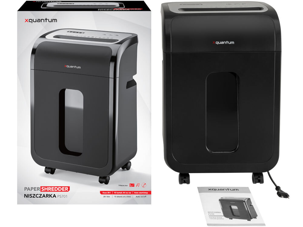 Na obrazie widoczna jest czarna niszczarka do papieru z logo \'xquantum\' na przodzie. Obok znajduje się opakowanie z napisem \'PAPER SHREDDER NISZCZARKA PS701\' oraz instrukcja obsługi.