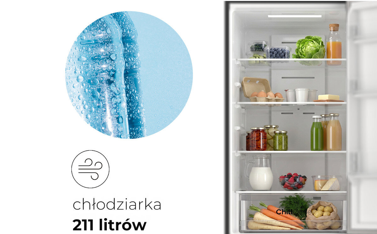 Obraz przedstawia wnętrze lodówki z różnymi produktami spożywczymi na półkach, takimi jak warzywa, owoce, soki i przetwory. Obok znajduje się grafika z napisem \'chłodziarka 211 litrów\' oraz symbol przypominający wiatr.