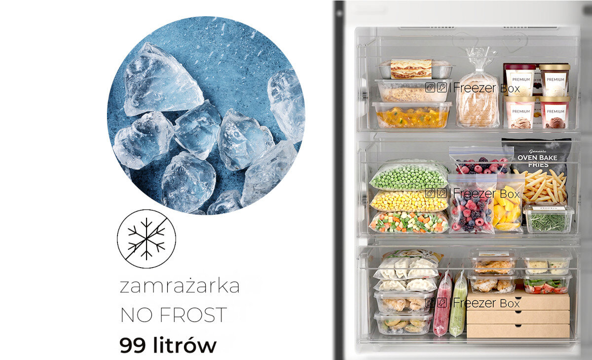 Obraz przedstawia wnętrze zamrażarki z trzema półkami wypełnionymi różnymi produktami spożywczymi, takimi jak warzywa, owoce i lody. Po lewej stronie znajduje się grafika z lodem oraz tekst: \'zamrażarka NO FROST 99 litrów\'.