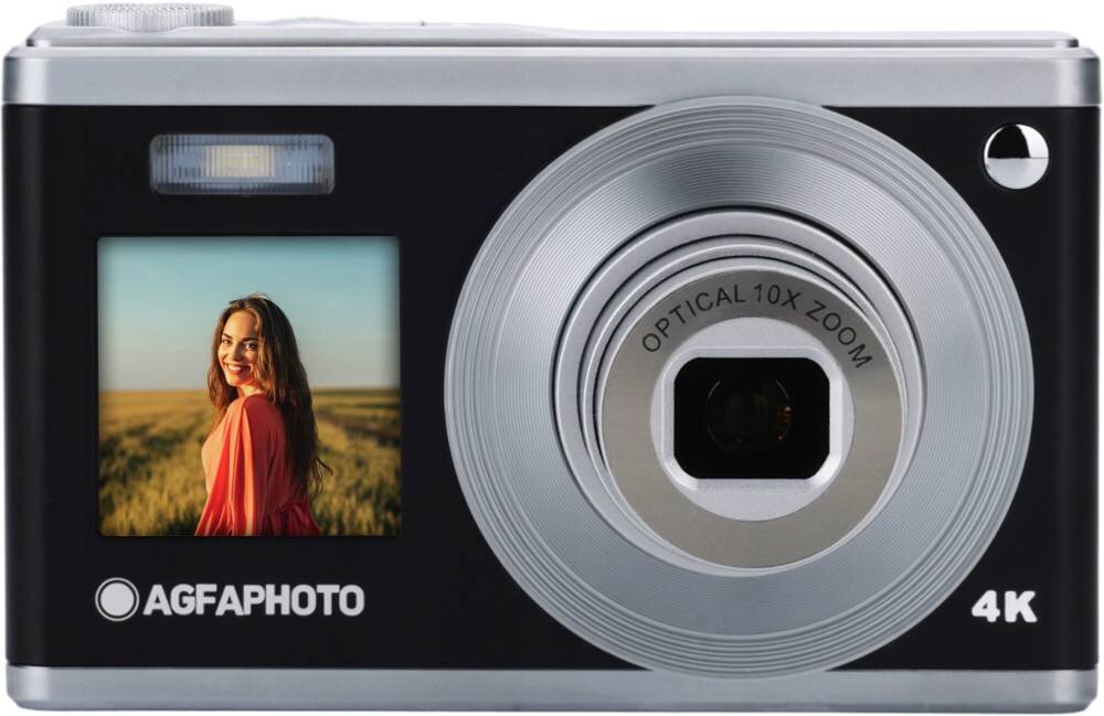 Czarny aparat fotograficzny z dużym obiektywem i napisem \'OPTICAL 10X ZOOM\'. Na obudowie widoczne są logo \'AGFAPHOTO\' oraz oznaczenie \'4K\'.