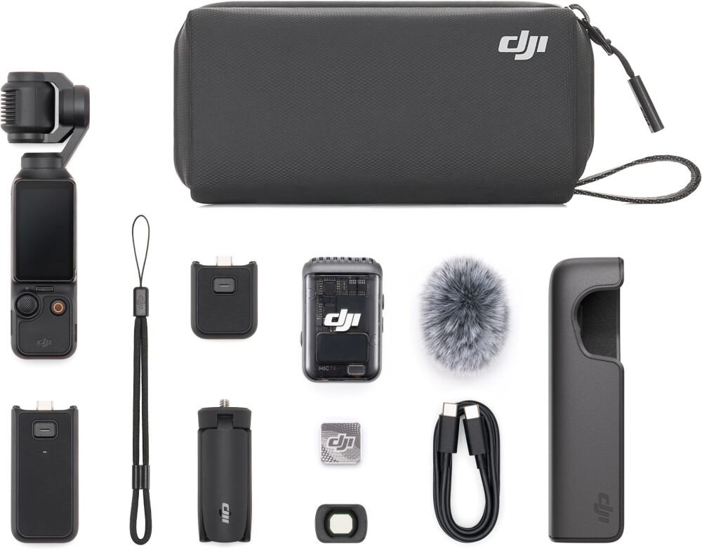Zestaw akcesoriów do kamery sportowej, w tym kamera, etui, mikrofon z osłoną przeciwwietrzną, kabel USB-C, uchwyt, smycz oraz adaptery. Na etui i niektórych elementach widoczne jest logo \'DJI\'.