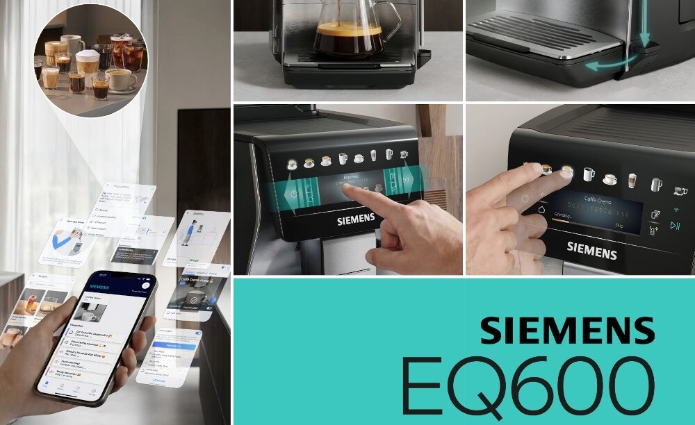 Kolaż zdjęć przedstawiający ekspres do kawy z różnymi funkcjami i interfejsem dotykowym. Widoczne logo: SIEMENS EQ600.