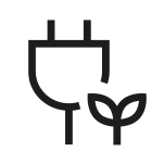 Ikona przedstawia czarny symbol wtyczki z liściem, sugerujący ekologiczną energię.