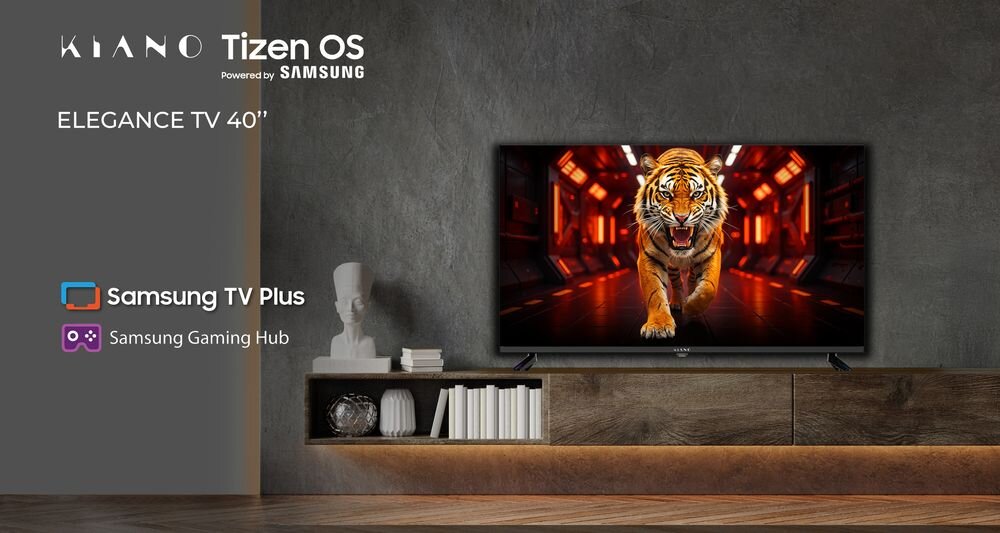 Na obrazie widoczny jest telewizor z wyświetlonym obrazem tygrysa w futurystycznym korytarzu. Obok znajdują się logotypy: Kiano, Tizen OS Powered by Samsung, Samsung TV Plus i Samsung Gaming Hub oraz tekst \'ELEGANCE TV 40\