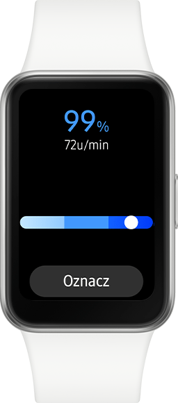 Smartband z białym paskiem i prostokątnym ekranem wyświetla dane: 99% i 72u/min. Na ekranie widoczny jest pasek postępu oraz przycisk z napisem \'Oznacz\'.