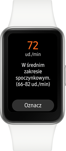 Smartband z białym paskiem i prostokątnym ekranem wyświetla tekst: \'72 ud./min W średnim zakresie spoczynkowym. (66-82 ud./min)\' oraz przycisk \'Oznacz\'.