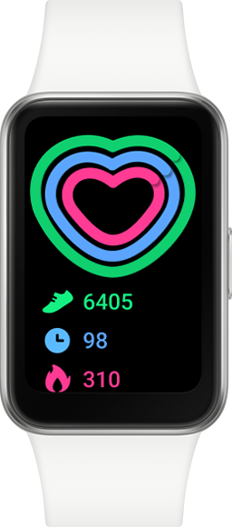 Smartband z białym paskiem i kolorowym wyświetlaczem pokazującym trzy koncentryczne serca w kolorach zielonym, niebieskim i różowym. Na ekranie widoczne są także ikony: but z liczbą 6405, zegar z liczbą 98 oraz płomień z liczbą 310.