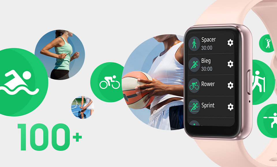 Obraz przedstawia smartband z różowo-złotą opaską, na ekranie widoczne są opcje: Spacer, Bieg, Rower, Sprint. W tle znajdują się ikony i zdjęcia związane z aktywnością fizyczną oraz napis \'100+\'.
