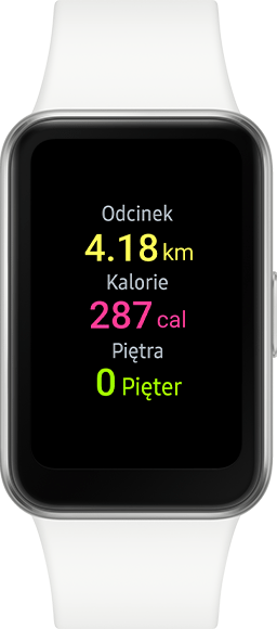 Smartband z białym paskiem i prostokątnym ekranem wyświetlającym dane: Odcinek 4.18 km, Kalorie 287 cal, Piętra 0 Pięter.