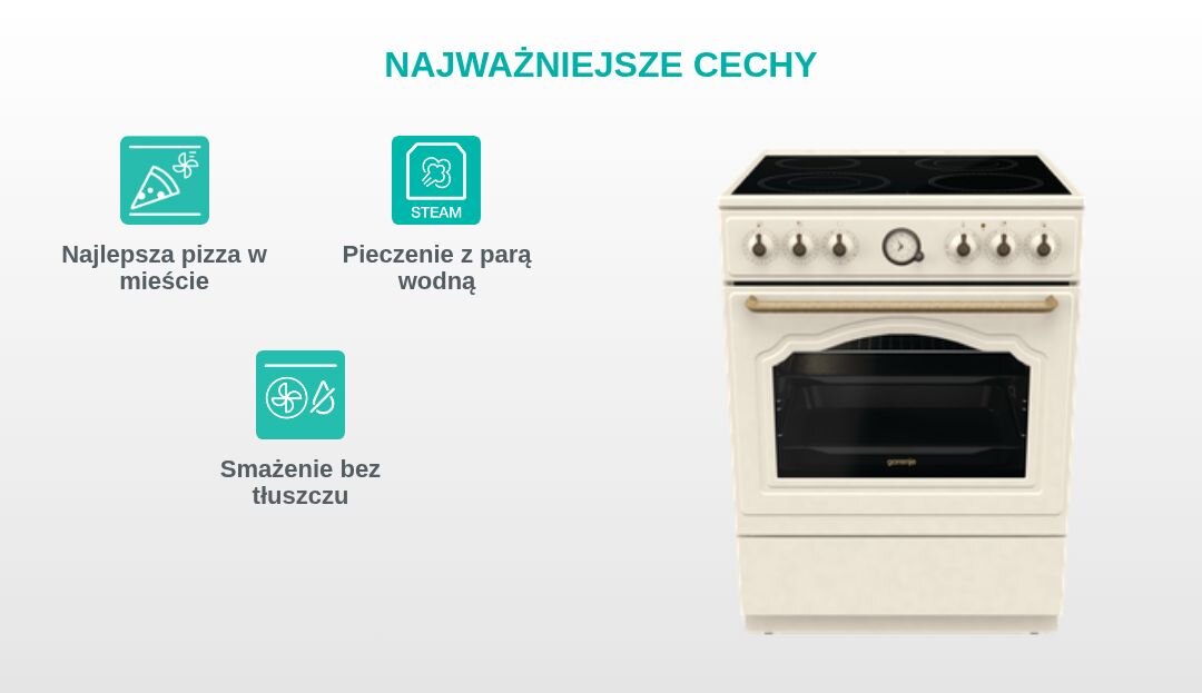 Obraz przedstawia kuchenkę z piekarnikiem w jasnym kolorze, z czarną płytą grzewczą na górze. Obok znajdują się ikony z napisami: \'Najlepsza pizza w mieście\', \'Pieczenie z parą wodną\', \'Smażenie bez tłuszczu\'.