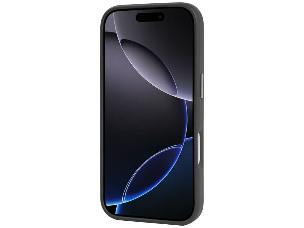 Czarne etui na telefon z wyświetlaczem pokazującym abstrakcyjny wzór z ciemnymi i jasnymi okręgami. Etui ma gładką powierzchnię i wycięcia na przyciski boczne.