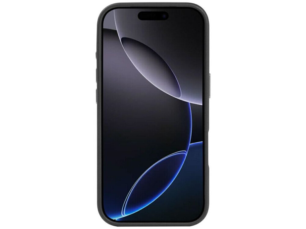 Obraz przedstawia smartfon z wyświetlaczem pokazującym abstrakcyjny wzór z ciemnymi i jasnymi okręgami. Telefon jest umieszczony w czarnym etui.