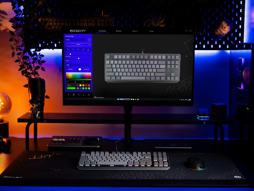 Na biurku znajduje się klawiatura mechaniczna z podświetleniem RGB, przed monitorem wyświetlającym oprogramowanie do konfiguracji klawiatury ENDORFY. W tle widoczne są elementy dekoracyjne i sprzęt komputerowy, a całość oświetlona jest kolorowym światłem LED.