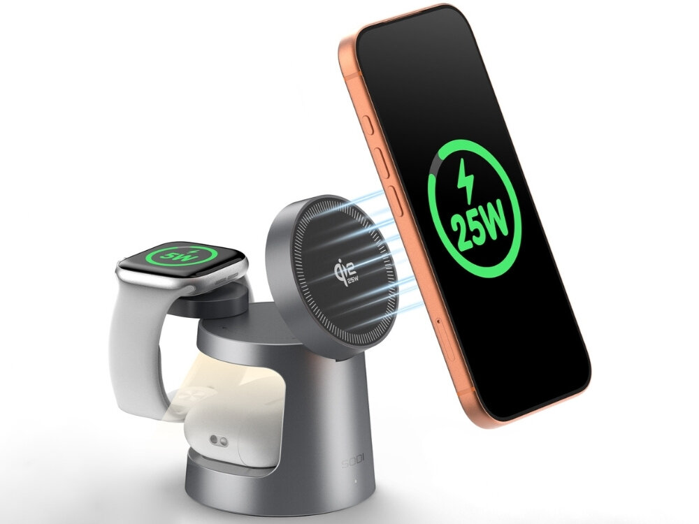 Na obrazie widoczna jest szara ładowarka indukcyjna z miejscem na telefon i zegarek. Telefon pokazuje ikonę ładowania z napisem \'25W\'.