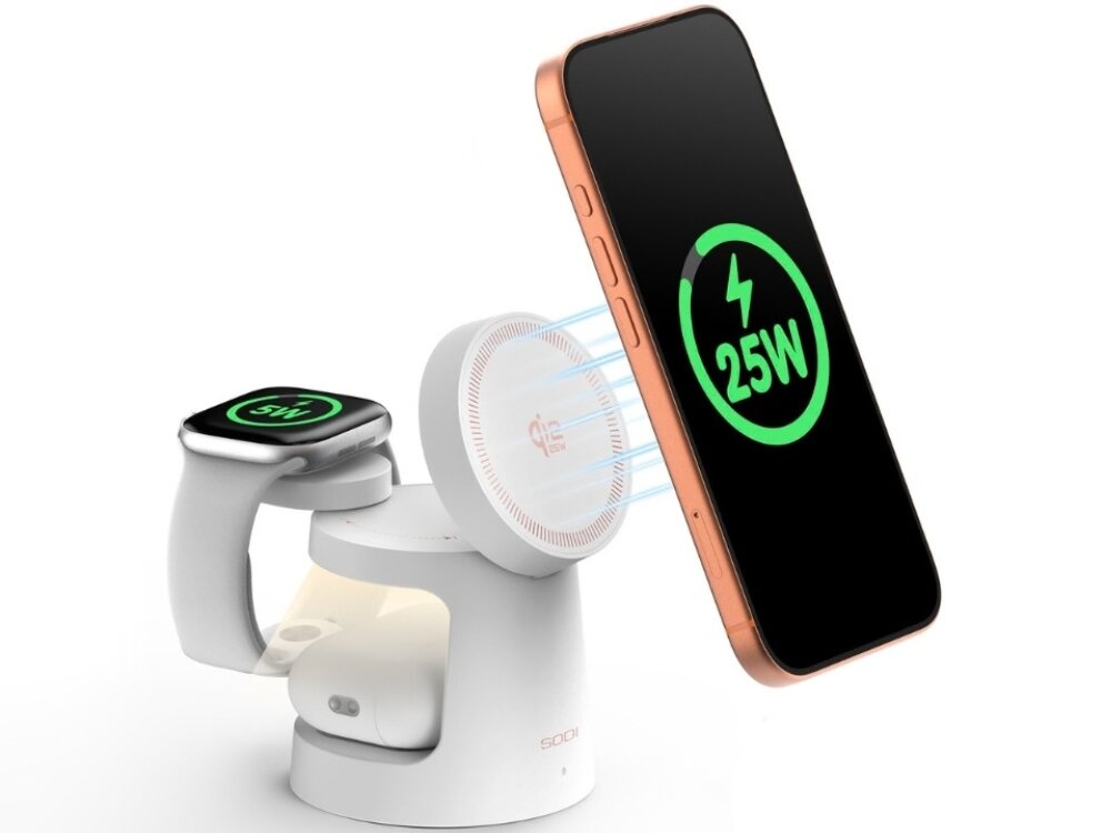 Na obrazie widoczna jest biała ładowarka indukcyjna z miejscem na telefon i zegarek. Na ekranie telefonu wyświetla się zielony symbol z napisem \'25W\'.