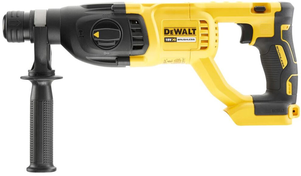 Żółto-czarna młotowiertarka z logo DEWALT, posiada uchwyt boczny i widoczny napis \'18V XR BRUSHLESS\'.