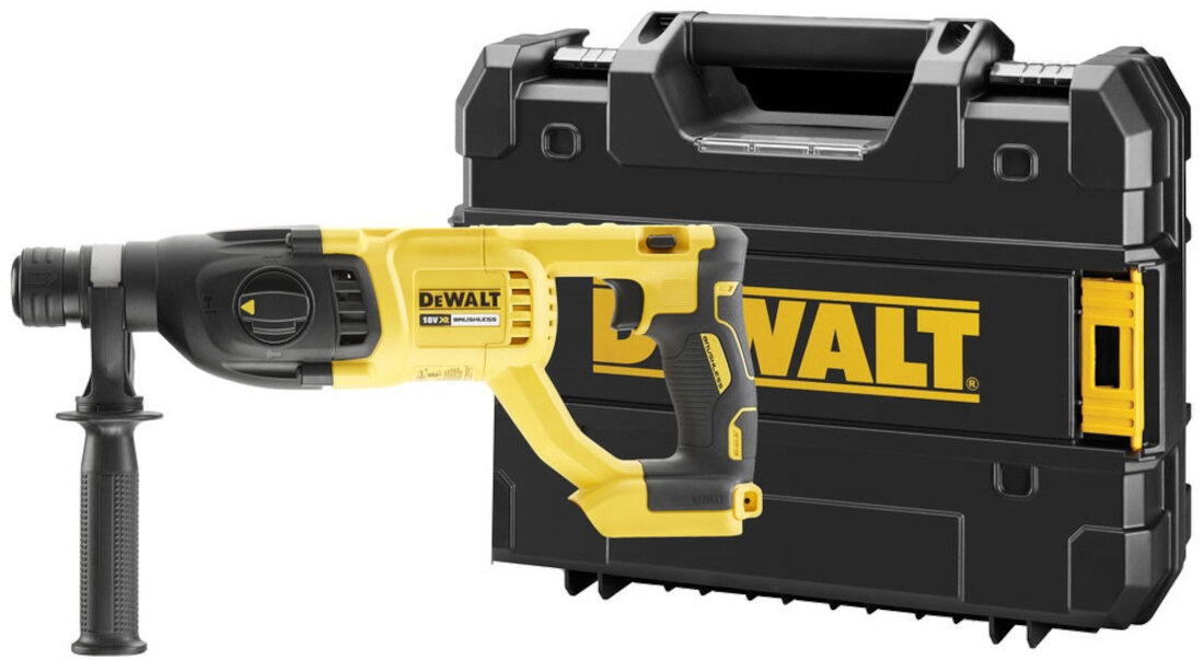 Na obrazie widoczna jest żółto-czarna młotowiertarka z logo \'DEWALT\' oraz czarna walizka z tym samym logo.