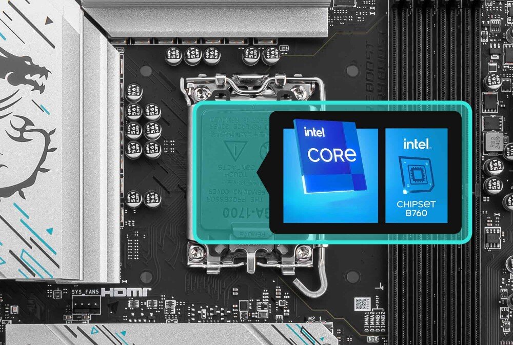 Zdjęcie przedstawia fragment płyty głównej z widocznym gniazdem procesora i logo \'intel CORE\' oraz \'intel CHIPSET B760\'. Na metalowym elemencie po lewej stronie znajduje się stylizowany rysunek smoka.