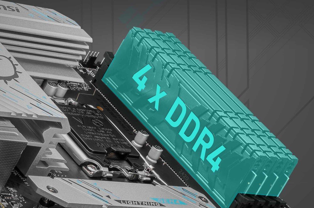 Obraz przedstawia fragment płyty głównej z widocznymi elementami chłodzenia i napisem \'4 x DDR4\'. Na płycie znajduje się logo producenta oraz napis \'LIGHTNING\'.