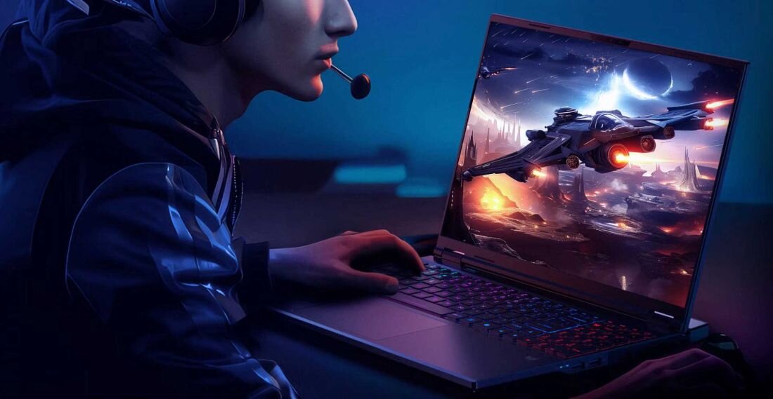Osoba siedzi przy biurku, używając laptopa z wyświetlonym na ekranie dynamicznym obrazem statku kosmicznego w futurystycznym krajobrazie. Osoba nosi zestaw słuchawkowy z mikrofonem.
