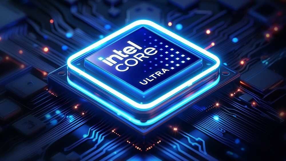 Obraz przedstawia procesor z podświetlonym napisem \'intel CORE ULTRA\'. Procesor jest umieszczony na płycie głównej z widocznymi ścieżkami elektrycznymi.