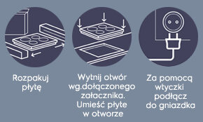 Grafika przedstawia trzy ikony z instrukcjami montażu płyty indukcyjnej. Tekst: \'Rozpakuj płytę\', \'Wytnij otwór wg. dołączonego załącznika. Umieść płytę w otworze\', \'Za pomocą wtyczki podłącz do gniazdka\'.