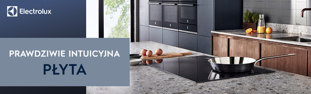 Na obrazie widoczna jest kuchnia z płytą indukcyjną na blacie, obok której leżą jajka i stoi patelnia. Po lewej stronie znajduje się logo Electrolux oraz tekst \'PRAWDZIWIE INTUICYJNA PŁYTA\'.