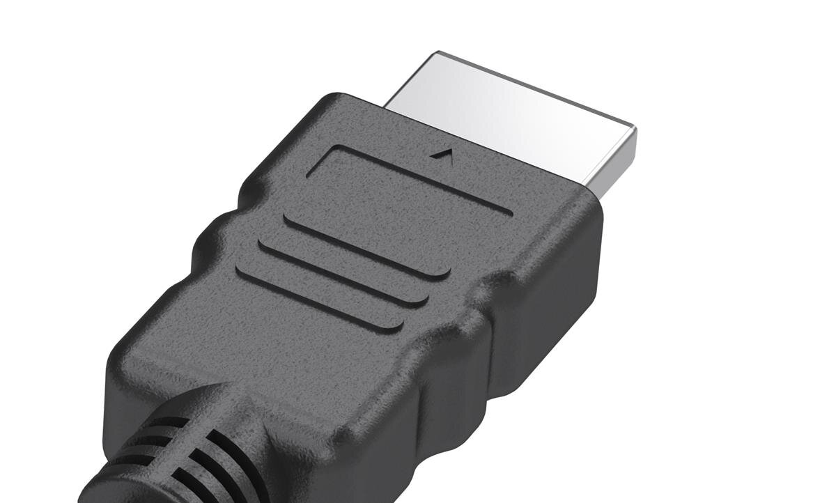 Zbliżenie na czarny wtyk HDMI z metalową końcówką i teksturowanym uchwytem.