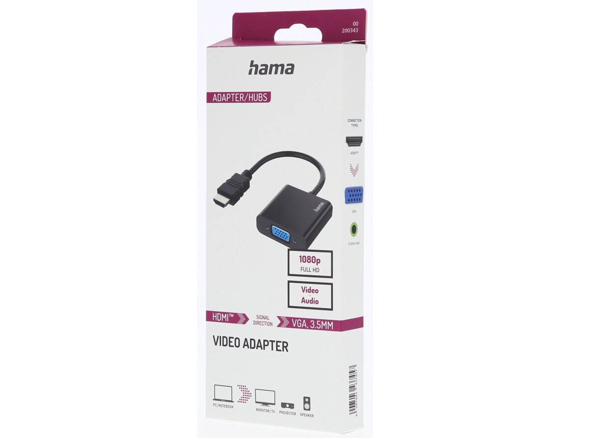 Opakowanie adaptera wideo marki hama z ilustracją produktu i informacjami o kompatybilności z HDMI i VGA 3.5mm. Widoczny tekst: \'1080p FULL HD\', \'Video Audio\', \'VIDEO ADAPTER\'.