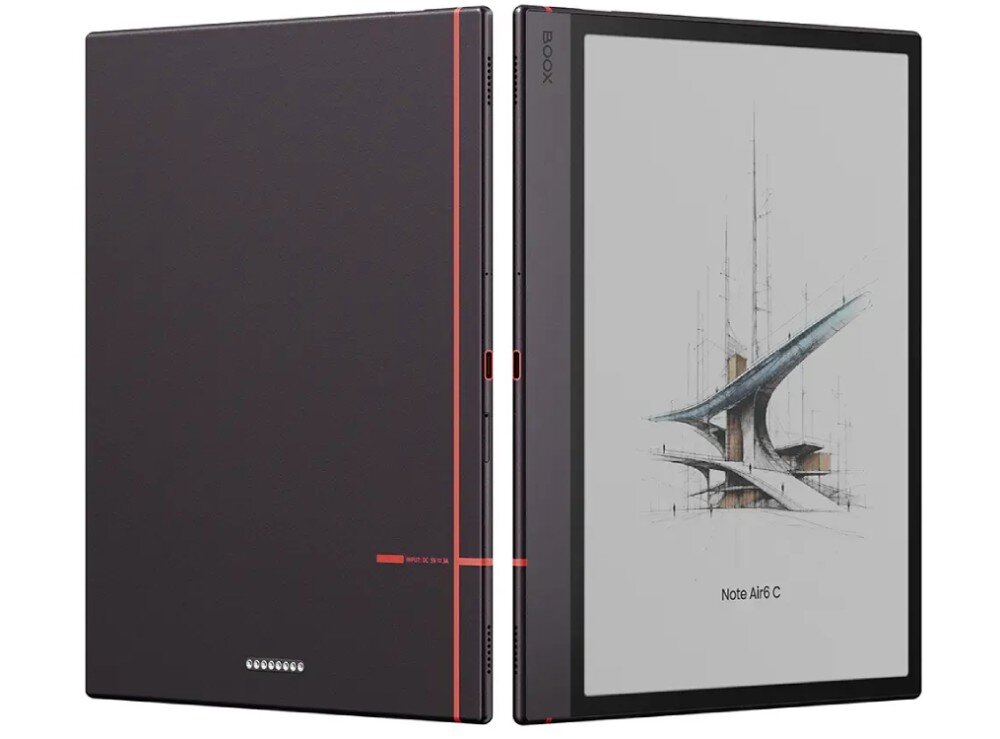 Obraz przedstawia czytnik e-booków z ciemnoszarą obudową i podświetlanym ekranem, na którym widoczna jest grafika architektoniczna oraz napis \'Note Air6 C\'.