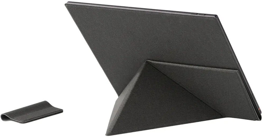 Etui na Onyx Boox Note Air 5 C/6 C ONYX Tył czytnika e-booków opartego na złożonej w trójkątną podstawkę klapce etui, po lewej stronie leży małe zapięcie
