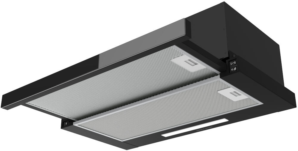 Czarny okap kuchenny z dwoma metalowymi filtrami i panelem sterowania z przyciskami. Widoczna jest również prostokątna lampa oświetleniowa.