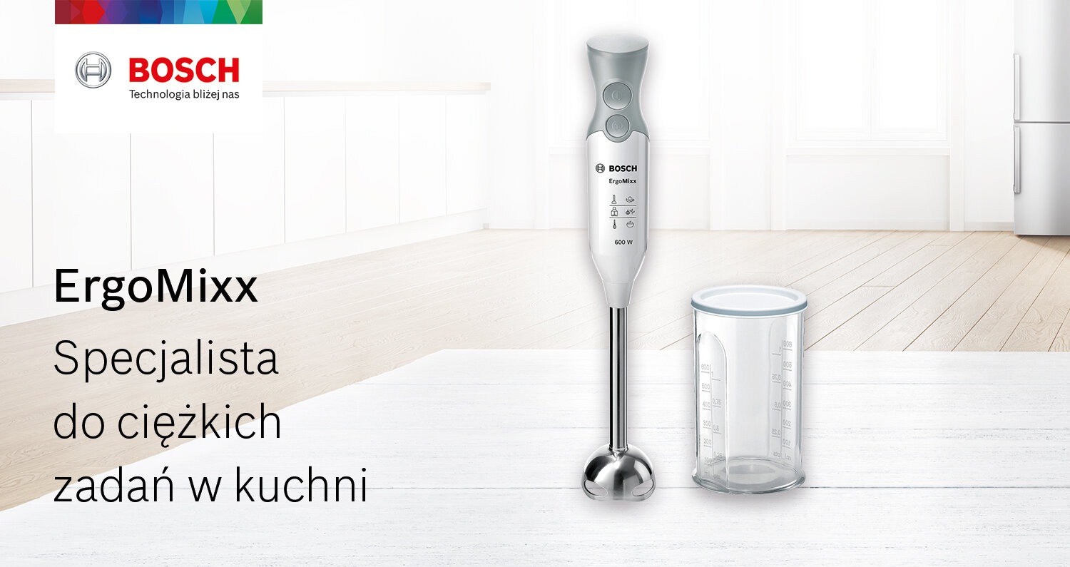 Na obrazie widoczny jest blender ręczny z logo BOSCH oraz miarka. Obok znajduje się tekst: \'ErgoMixx Specjalista do ciężkich zadań w kuchni\'.