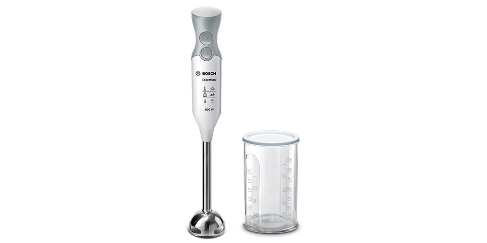 Na obrazie widoczny jest blender ręczny z metalową końcówką oraz przezroczysty pojemnik z miarką. Na blenderze znajduje się logo \'BOSCH\' oraz napisy \'Ergomixx\' i \'600 W\'.