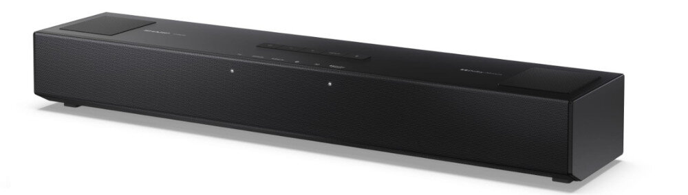 Czarny soundbar o prostokątnym kształcie z widocznymi przyciskami na górnej powierzchni. Na obudowie znajduje się napis \'SHARP\'.