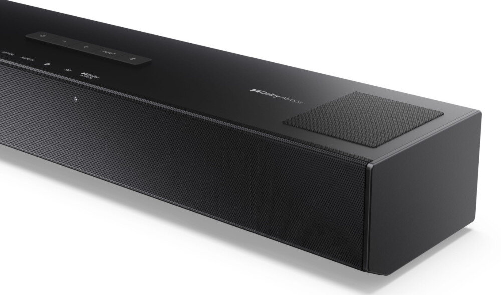 Czarny soundbar z widocznymi przyciskami dotykowymi na górnej powierzchni oraz logo \'SHARP\' na obudowie.