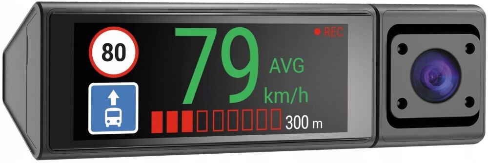 Obraz przedstawia wideorejestrator z wyświetlaczem pokazującym prędkość 79 km/h, znak ograniczenia prędkości do 80 km/h oraz ikonę autobusu. Obok znajduje się obiektyw kamery.