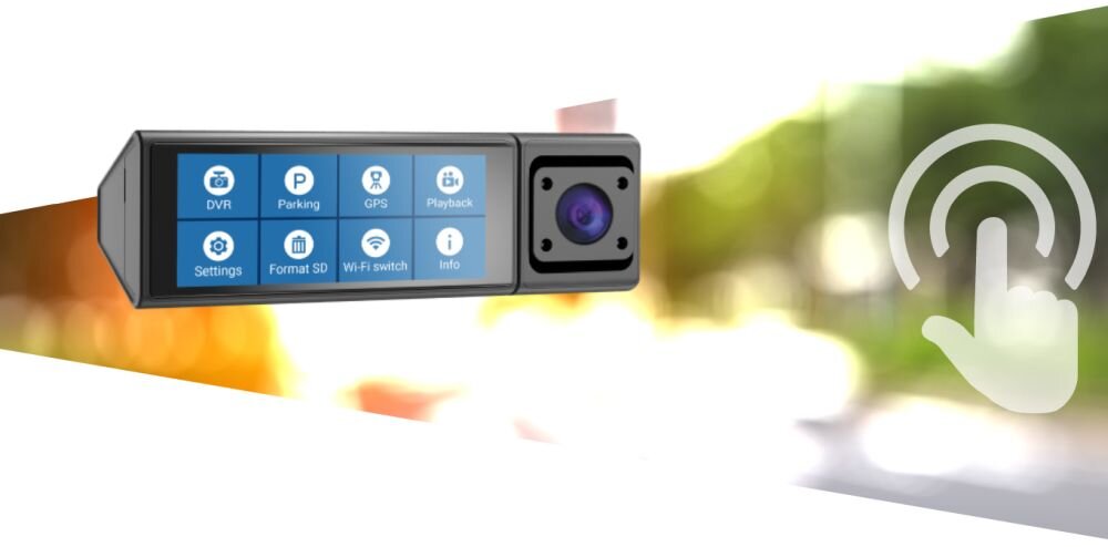 Obraz przedstawia wideorejestrator z ekranem dotykowym, na którym widoczne są ikony: DVR, Parking, GPS, Playback, Settings, Format SD, Wi-Fi switch, Info. Obok urządzenia znajduje się symbol dłoni wskazującej na ekran dotykowy.