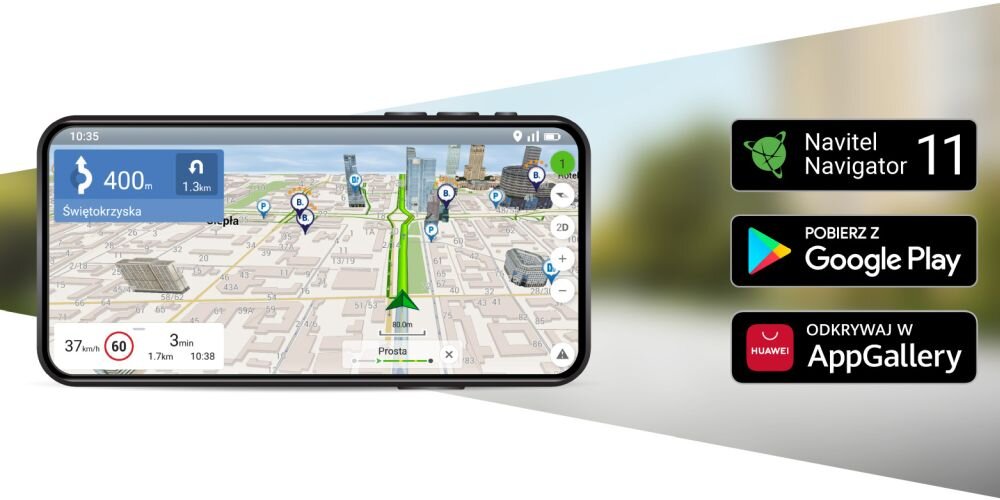Obraz przedstawia ekran smartfona z aplikacją nawigacyjną pokazującą mapę miasta z trasą i punktami POI. Obok widoczne są logotypy: Navitel Navigator 11, Google Play i AppGallery.