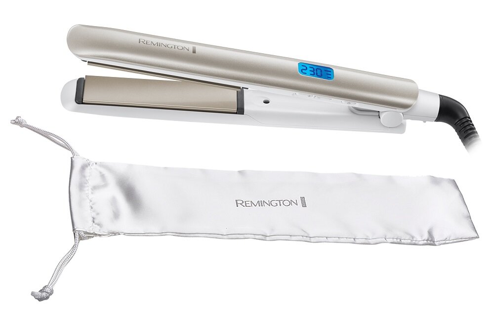 Prostownica z wyświetlaczem pokazującym temperaturę 230°C oraz białe etui z napisem \'REMINGTON\'.