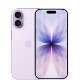Smartfon z dużym wyświetlaczem, na którym widoczny jest abstrakcyjny wzór w odcieniach fioletu. Obok znajduje się tył urządzenia z dwoma aparatami i logo w kształcie nadgryzionego jabłka.