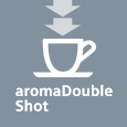 Ikona przedstawia biały symbol filiżanki z napisem \'aromaDouble Shot\' na szarym tle, z dwoma strzałkami skierowanymi w dół nad filiżanką.