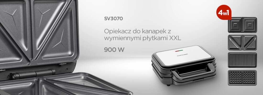 Obraz przedstawia opiekacz do kanapek z wymiennymi płytkami XXL o mocy 900 W, model SV3070. Widoczne są różne rodzaje płytek oraz napis \'4w1\'.