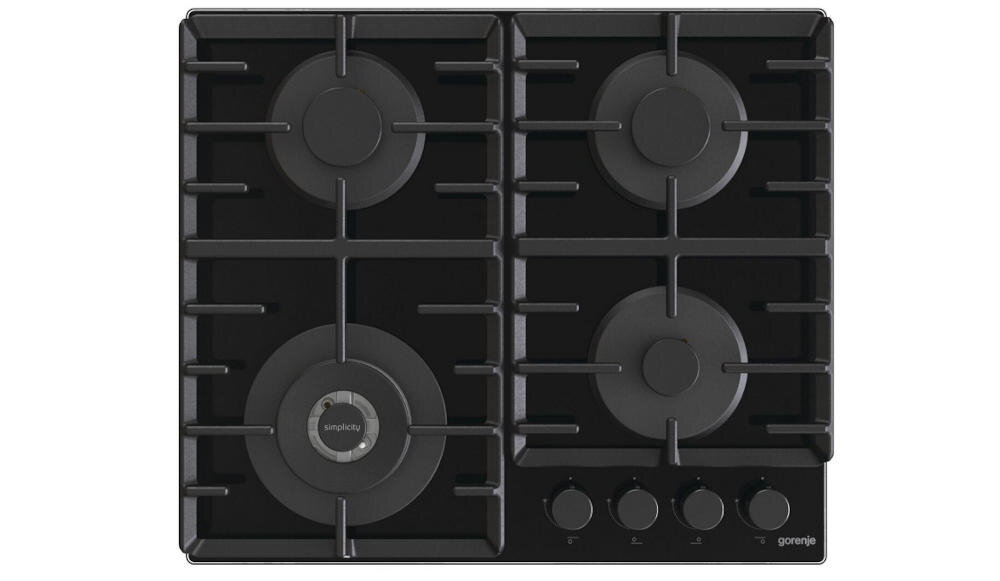 Czarna płyta gazowa z czterema palnikami i pokrętłami do regulacji. Widoczne logo \'gorenje\'.